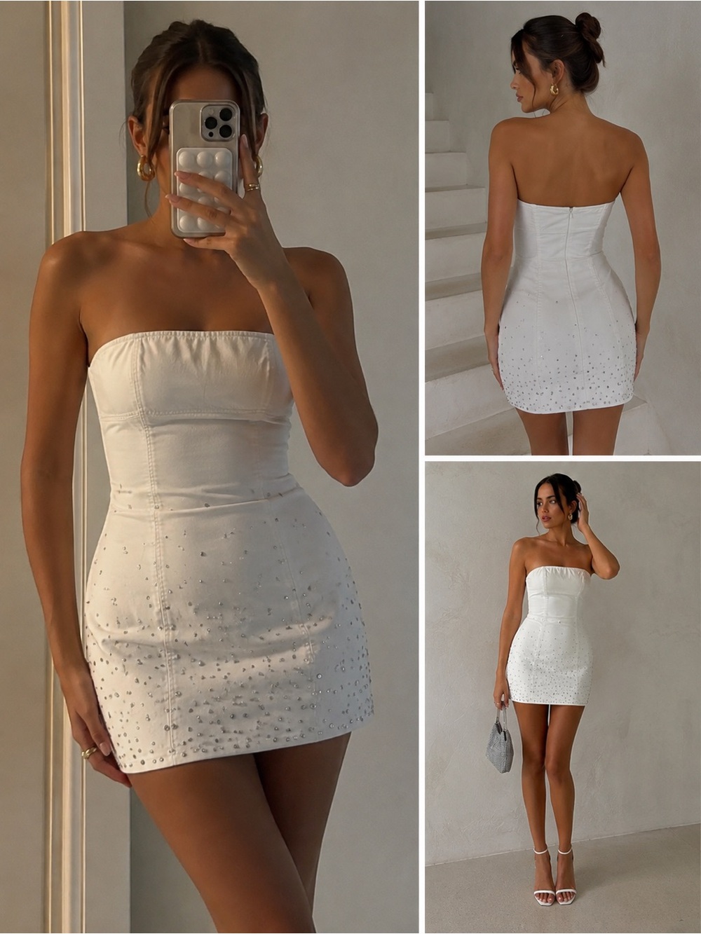 White Rhinestone Strapless Mini Dress